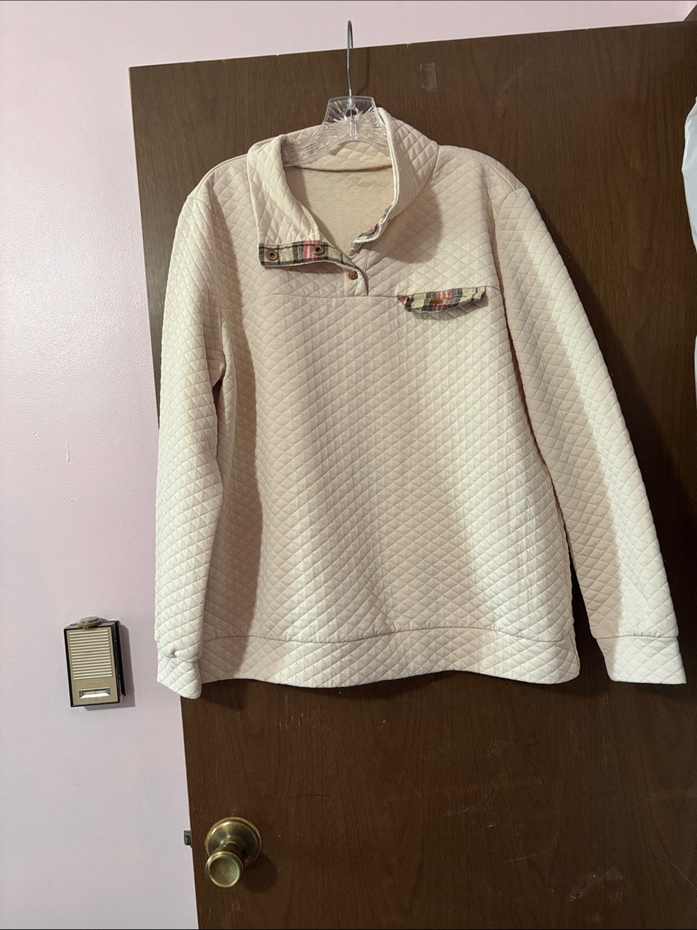 Quilted Cream Pullover with Plaid Accent